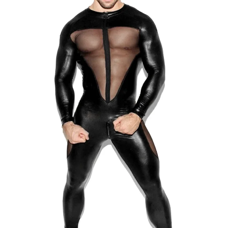 

Mens Body suit Wrestling Singlet Faux Leather Mesh Splice Long Sleeve Zipper Soft Long Pants Mesh Leotard Jumpsuit Bodystocking