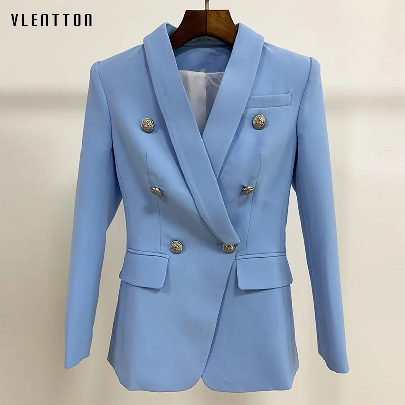 

High Quality 2019 Formal Slim Blazer For Women Silver Lion Buttons Double Breasted Office Ladies Blazers Jacket Coat Veste Femme