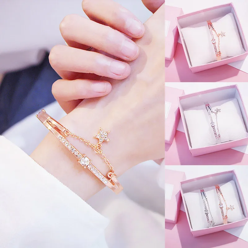 

Bracelet Silver Gifts Stainless Steel Rose Golden INS Style Bride Hollow Out 1PC Seaside Chain Star Crystal Heart Forever Love