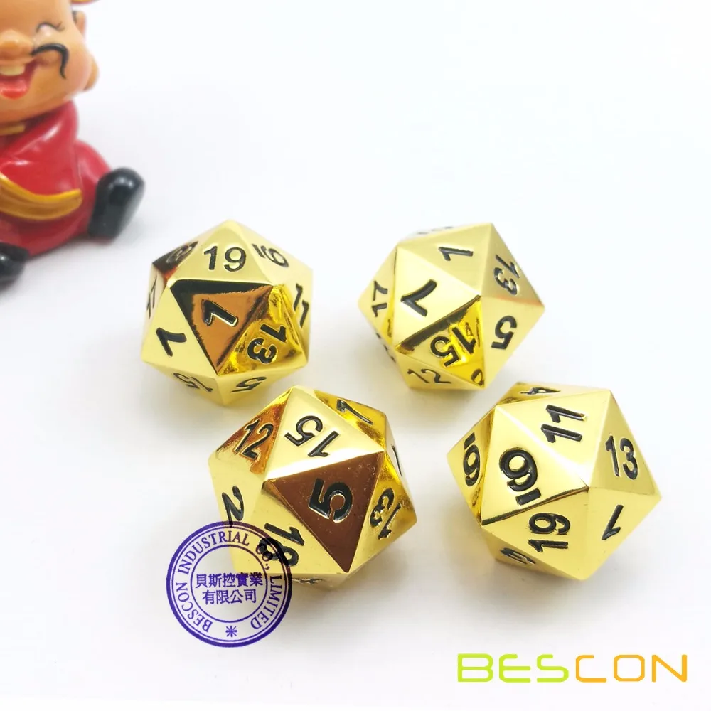 Set of 4 Deluxe Golden Solid Metal 20 Sides Dice D20 Gold Metallic Polyhedral Dice 3