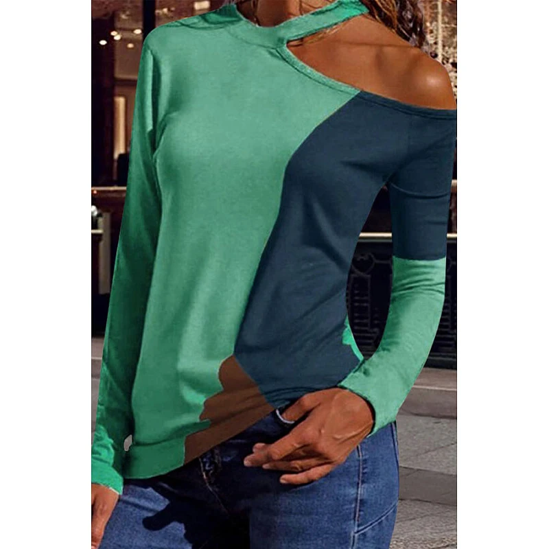 

One Shoulder Women Tshirt Autumn Winter Color Patchwork Long Sleeves Tops Female Streetwear SJ1788E