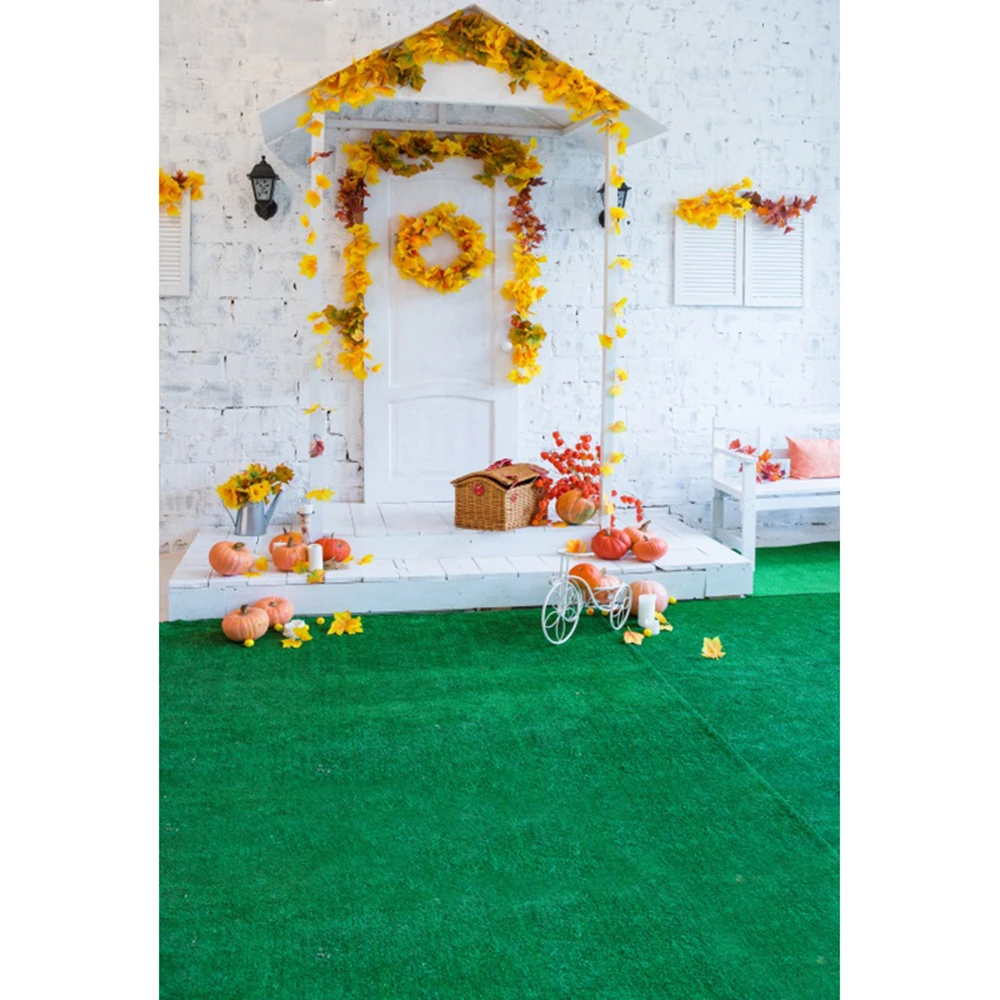 

Laeacco Gray Wall Autumn Garland Pumpkins Baby Porch Photo Backgrounds Customized Photographic Backdrops For Photo Studio