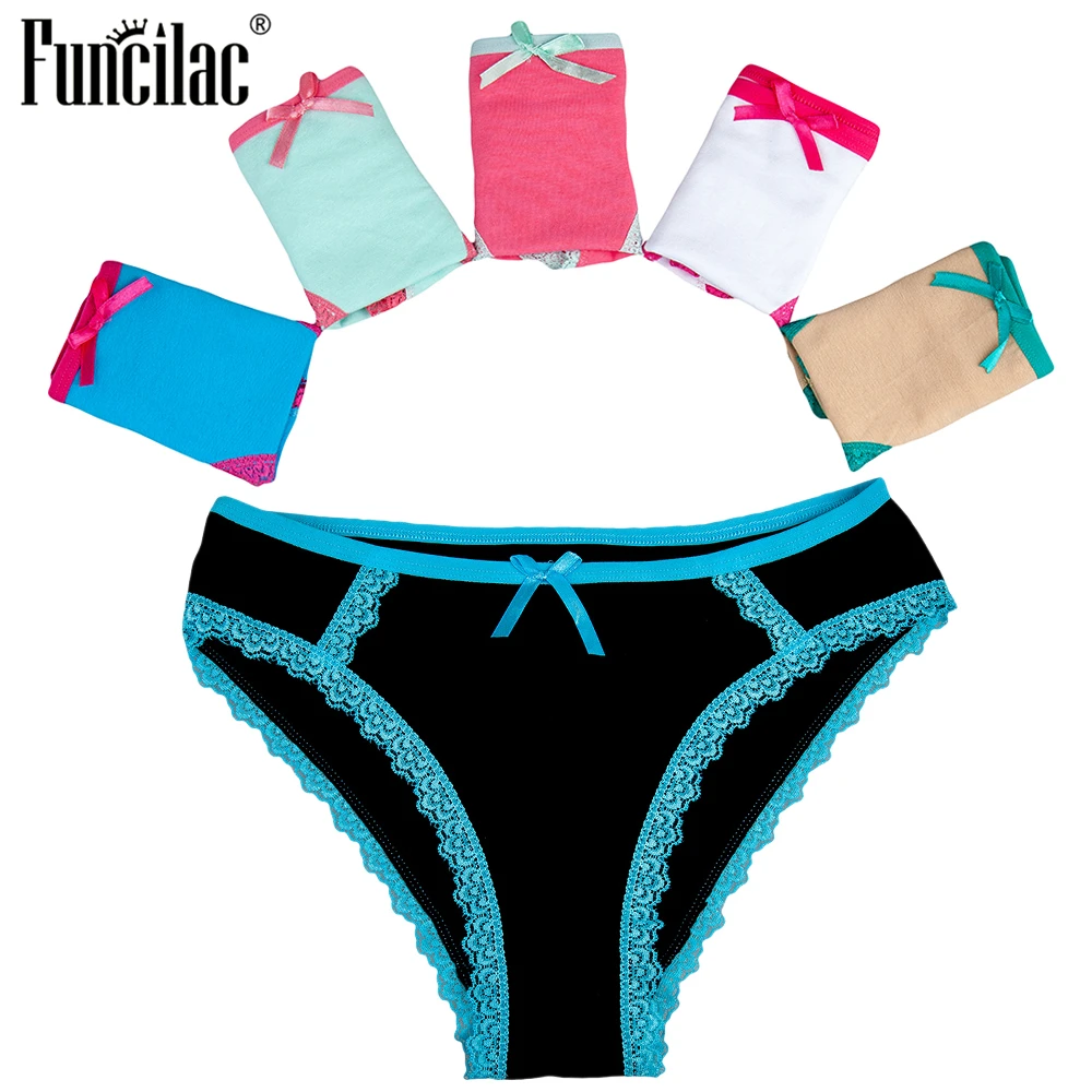 FUNCILAC Для женщин нижнее белье хлопок сексуальные трусики одноцветное Цвет кружева Лифт бедра повседневные Девушки трусы женские Панталоны белье 6 шт./лот