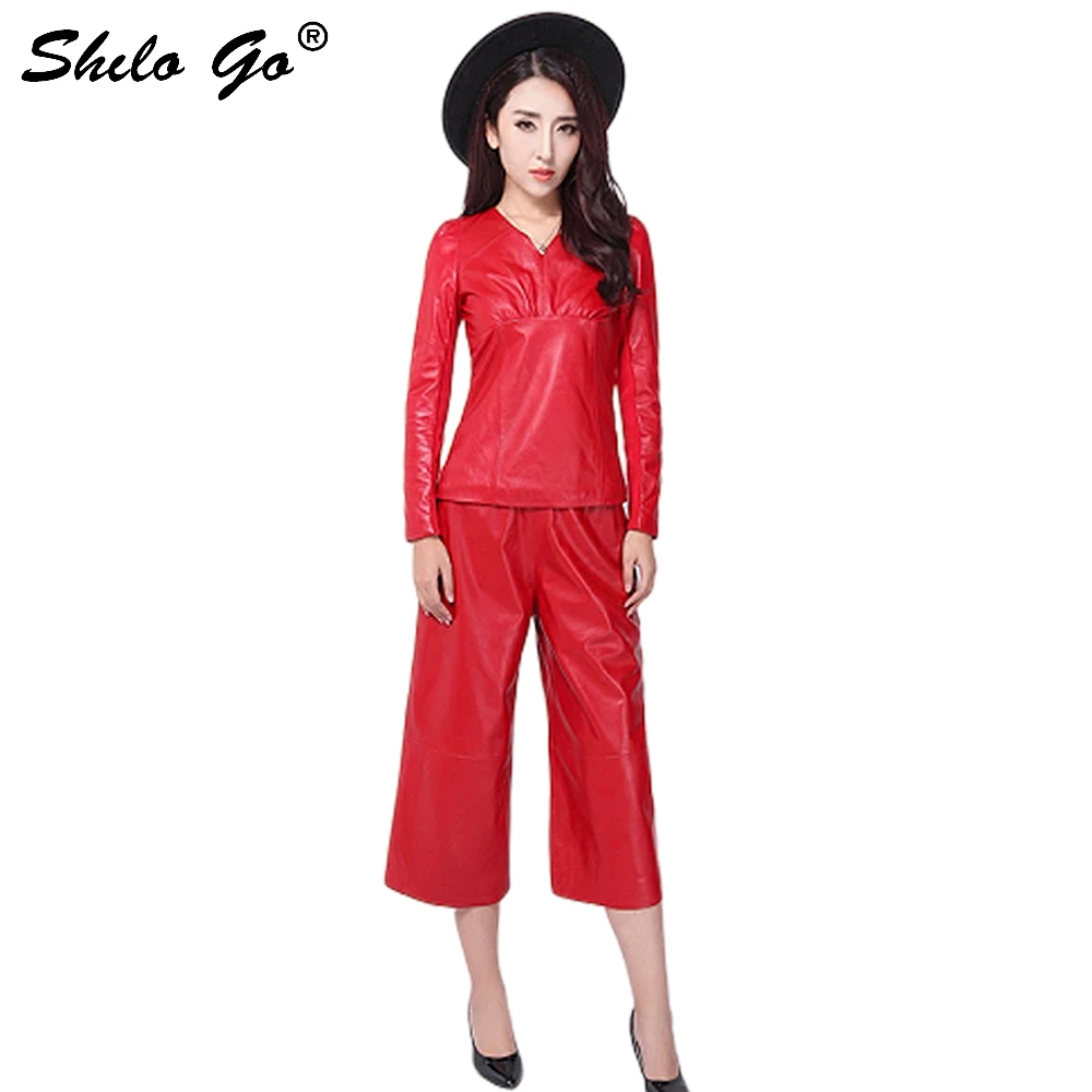 Mode vrouwen hoge kwaliteit Schapenvacht formele kantoor V-hals leer dieptepunt shirt hoge taille lederen broek pak XL