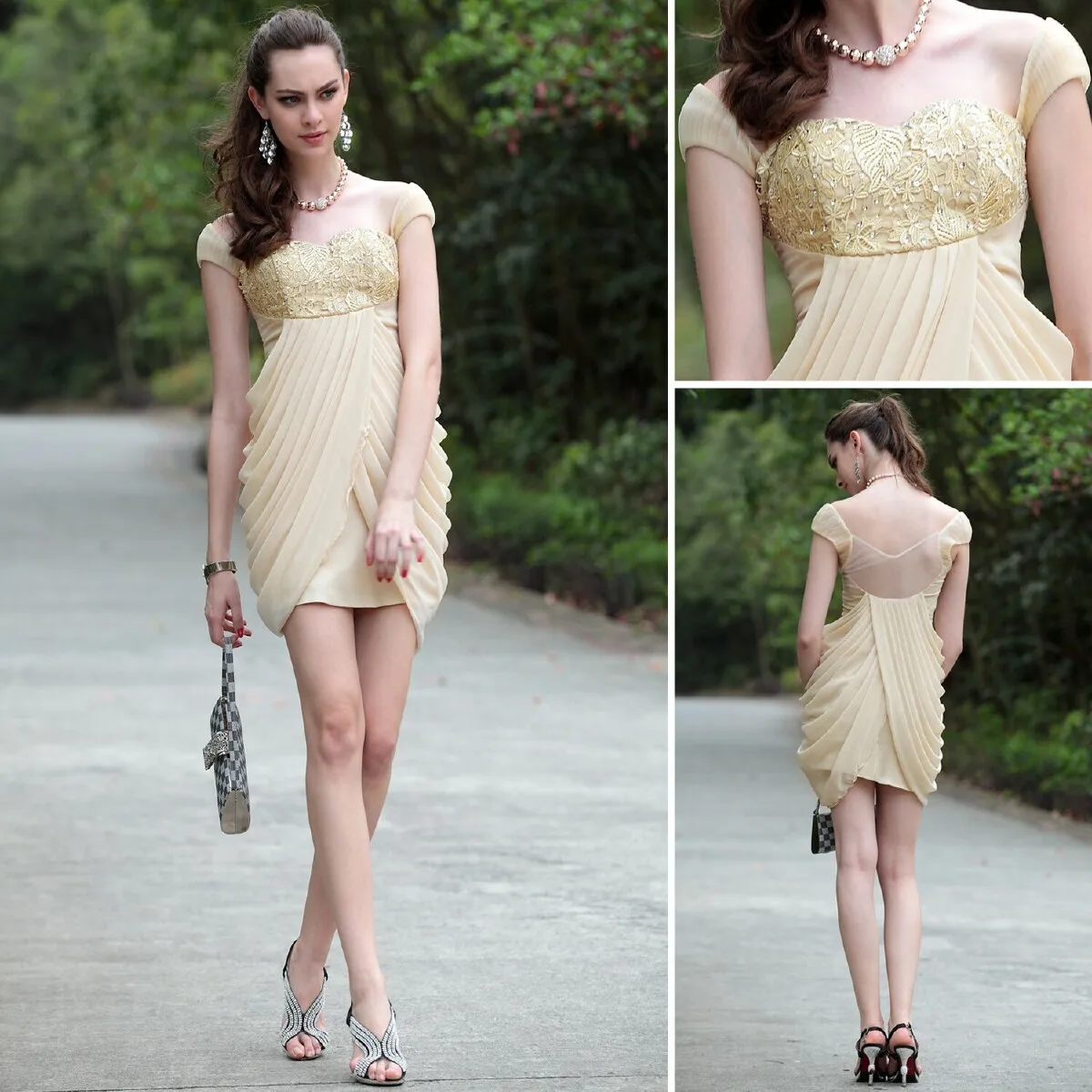 

free shipping 2013 beige clairvoyant outfit exquisite handmade quality fashion gauze embroidery dress Cocktail Dresses