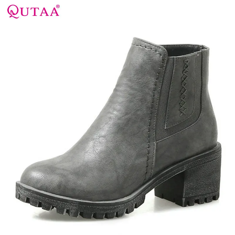 

QUTAA 2018 Women Ankle Boots Pu Leather Round Toe Solid Black Zipper Square High Heel All Match Women Fashion Boots Size 34-43