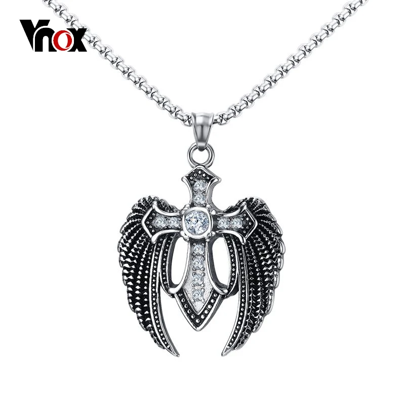 Vnox CZ Stones Cross Wings Pendants & Necklaces for Men Christ Jesus Stainless Steel Necklace