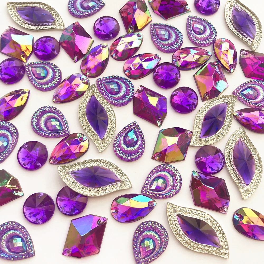 NIce Supplier 165pcs Mixed Shapes Sew On Purple AB Gems Hand Sewing