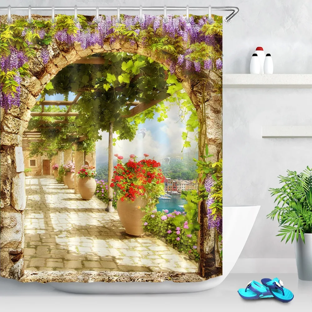 Цифровые цветы мост с аркой вид на город Живописные Занавески для душа s Водонепроницаемая занавеска для ванной ткань для ванной Декор