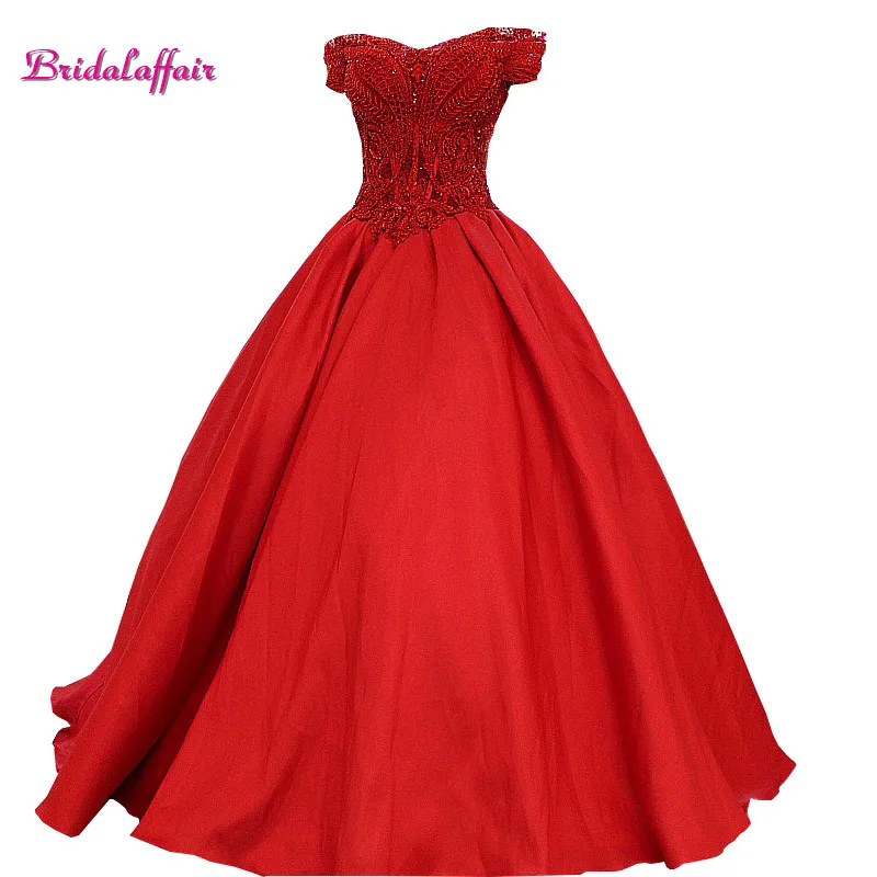 

Luxury Beading Real Photos Appliques Wedding Dress Designer Satin Sweetheart Floor Length Red Dresses 2018 Customize