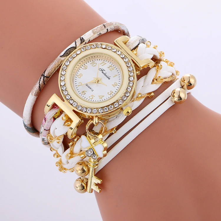 

Wholesale Woman Fashion Colorful Wrap Key Pendnant Bracelet Watch Hot Women Gril Wristwatch Leather Lady Casual Dress Watches