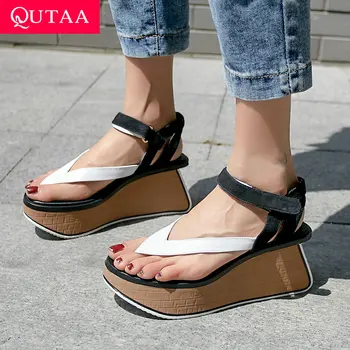 

QUTAA 2020 Women Sandals Mixed Color Platform Fashion Holiday Sandals Genuine Leather Magic Stickers Ladies Shoes Size 34-39
