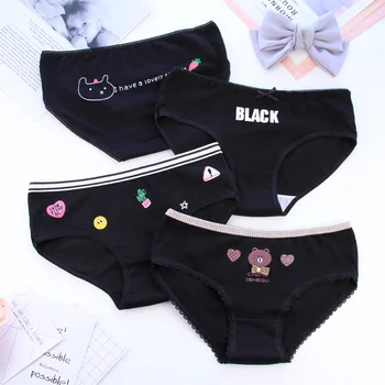 

4pcs/lot Black Briefs for Women Cotton cute Print lace Panties Female Underpants Girls Cute Seamless Underwear Ladies Panty