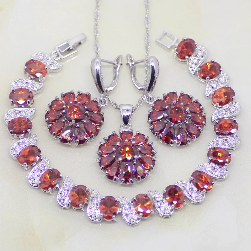 

Flower Shaped Red Garnet Zircon White CZ 925 Sterling Silver Jewelry Sets For Women Wedding Earrings/Pendant/Necklace/Bracelet