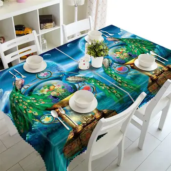 

round table cover rectangular Waterproof Peacock 3D Table cloth wedding Coffee Tablecloth Customized size blue Pillowcase