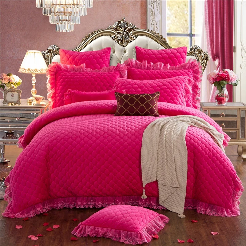 Роскошное зимнее флисовое плотное постельное белье в Корейском стиле принцессы бежевого и розового цвета, комплект пододеяльников, простыня, кружевная юбка, наволочки