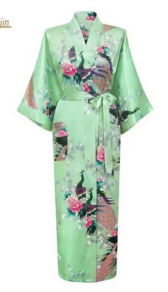 Зеленое модное женское длинное кимоно Павлин банный халат ночная сорочка халат юката Пижама с поясом S M L XL XXL XXXL