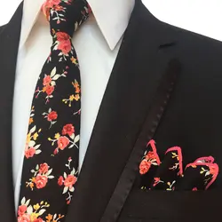 6 см элегантные Для мужчин Повседневное узкие комплект галстуков 100% хлопчатобумажный галстук с вышитыми цветами платок