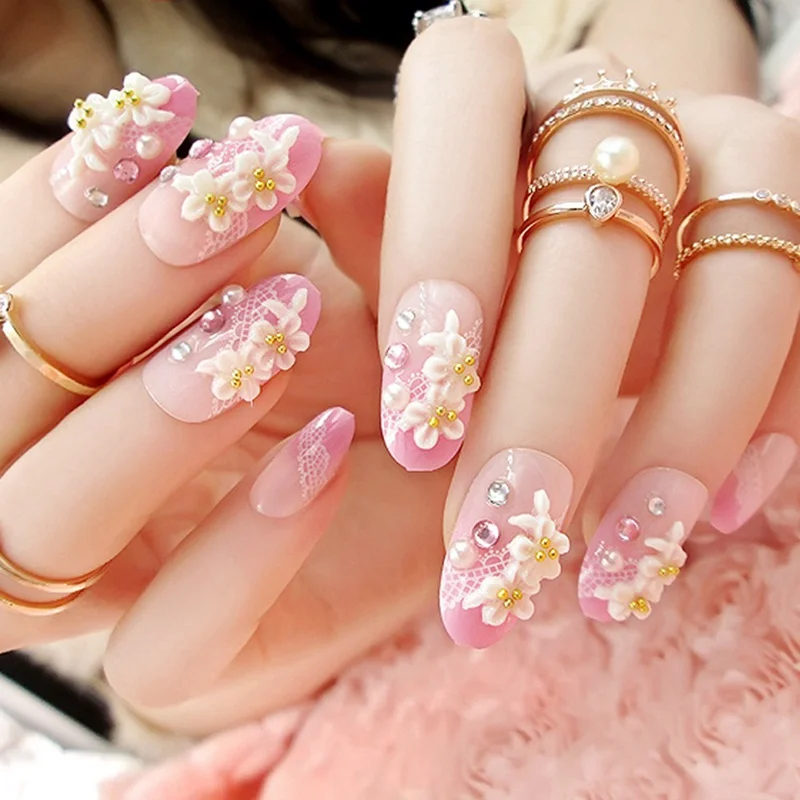 

24PCS/Set Pearl Reinstone False Nails Gold Glitter Nude Green Pink Fingernails Perfect for daily With Glue
