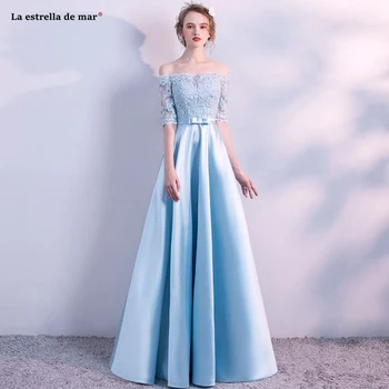 

Wedding guest dress new Off the Shoulder lace satin half sleeve A Line sky blue bridesmaid dress long robe demoiselle d'honneur