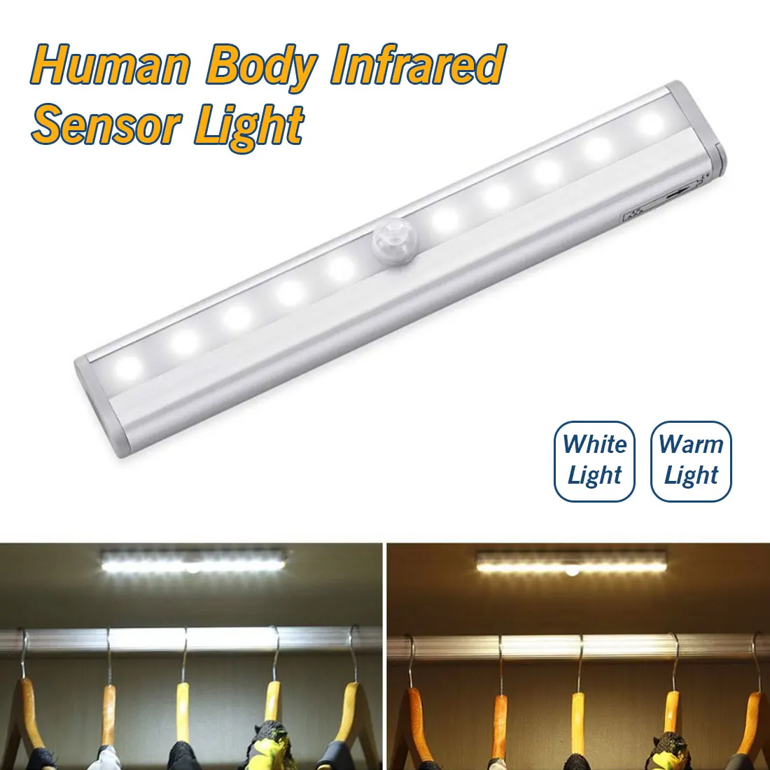 10 LED Cordless Battery Powered LED Night Light Motion PIR Sensor Closet Lamp