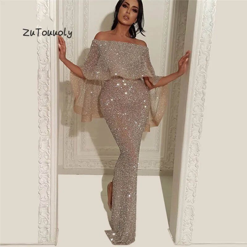 

Flare Bling Sequins Evening Gowns With Sleeves Glitter Arabic Dubai Plus Size Mermaid Prom Dresses With Caped Night Dress 2019