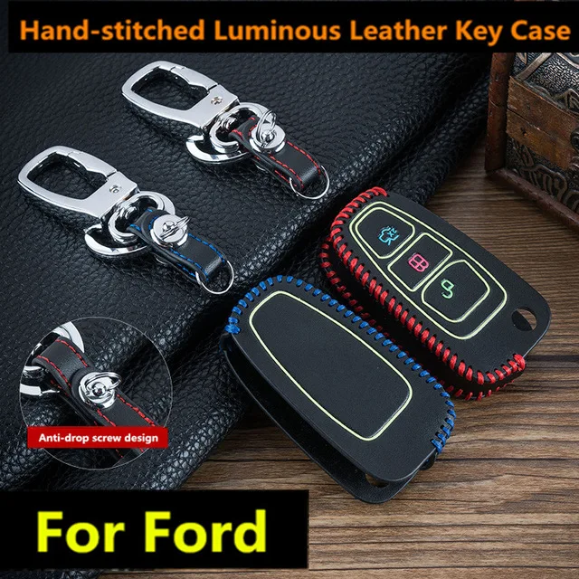 

Luminous Keychain 3 Button Leather Car Key Case Fob Key Cover For Ford Focus C-Max Mondeo Kuga Fiesta Car Key Shell
