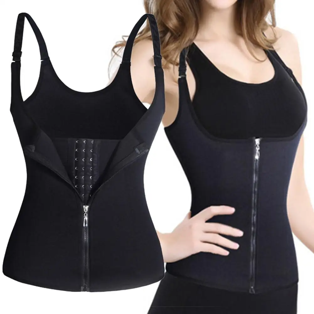 Women Black Chest Support Zipper Vest Waist Slimming Tummy Control