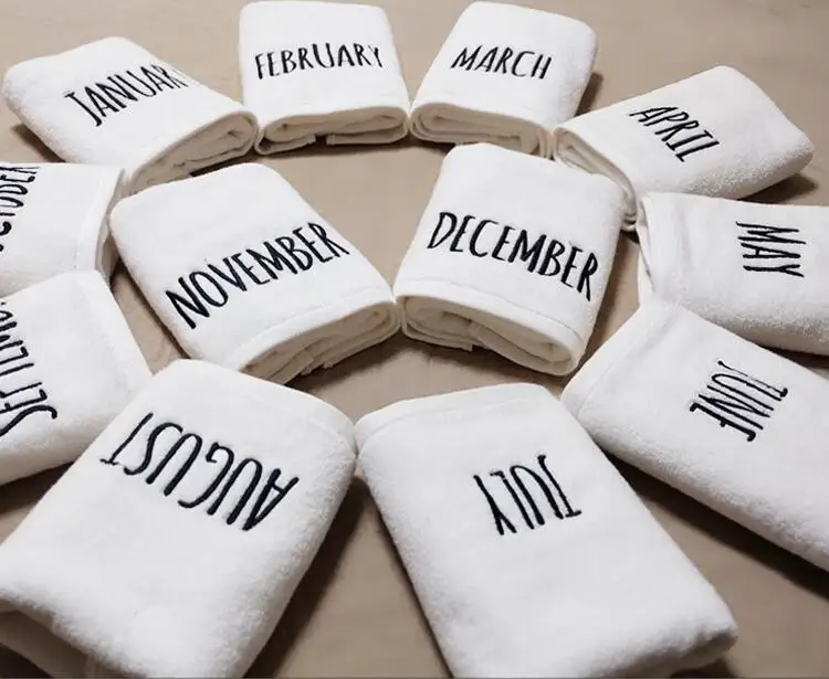 

12pcs Free shipping Top Grade Luxury The Year Set Towel 100%Cotton Quality 12 Month Whole Year White Emboridered Towels 35x80cm