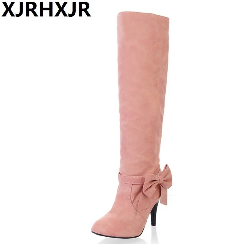 

XJRHXJR Knee High Boots Sweet Bow-tie High Heels Women's Shoes Candy Color Thin Heel Ladies Winter Boots Pink Blue Beige 34-45
