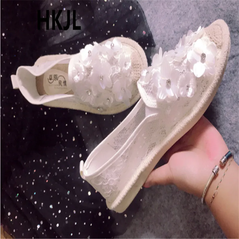 

Straw fisherman female summer new linen thick bottom lace hollow one pedal linen breathable single shoes