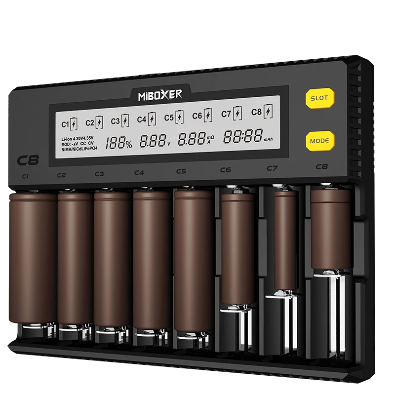 C8 Smart battery charger 8-slot LCD display for lithium ion LiFePO4 Ni-MH nickel cadmium AA 21700 20700 26650 18650 charger