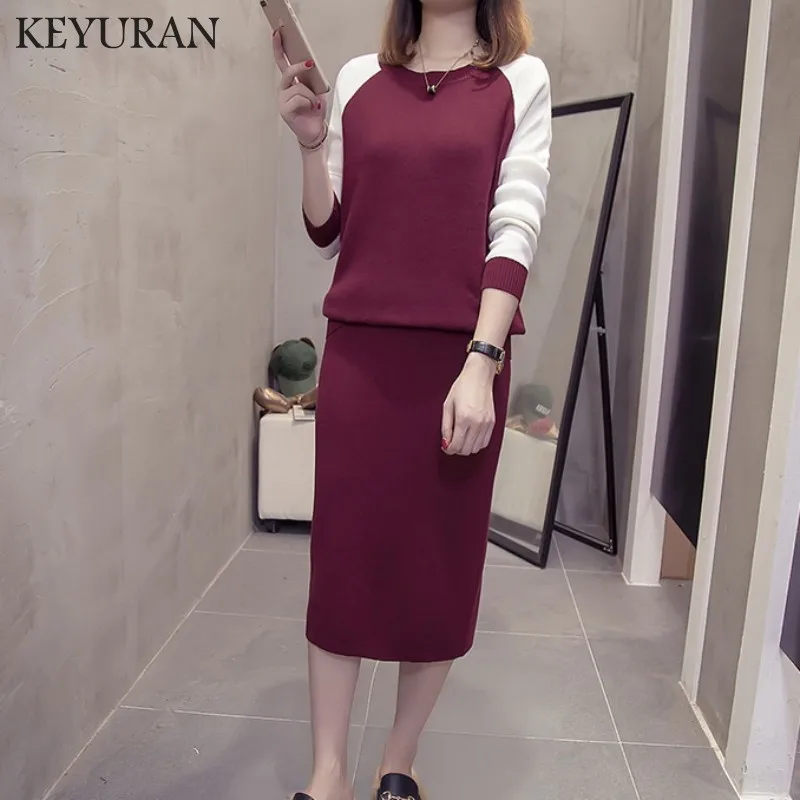 

Spring Autumn Women Slim Spell Color Pullover Sweater+ Package Hip Knitted Skirt Set Suit Two Pieces Sweater Pencil Skirt Sets