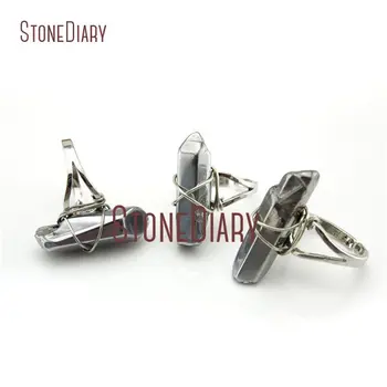 

10Pcs Wire Wrapped Sliver Plated Polishing Faceted Pillar Ring Titanium Silver White Quartz Ring Adjustable RM13001
