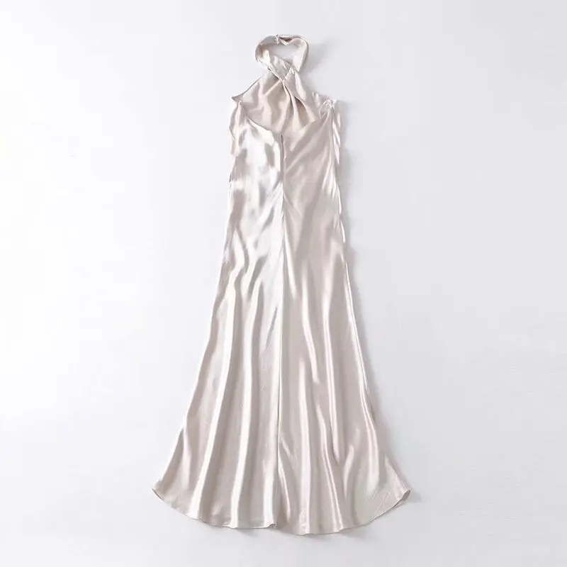 

ZXQJ Vintage Chic Beige Halter Satin Dress Elegant Ladies Party Dresses OL Women High-end Gown Feminine Vestidos
