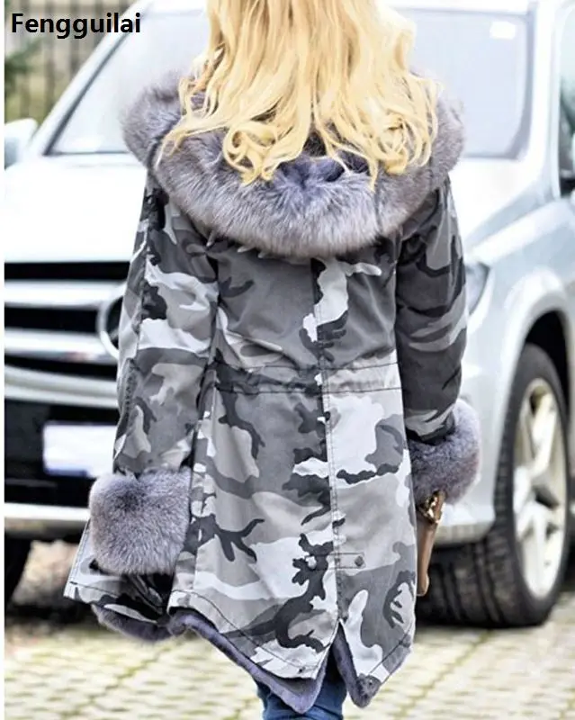 Утолщенная теплая камуфляжная куртка из искусственного меха модная теплая роскошная женская Длинная зимняя куртка с капюшоном пальто высшего размера плюс XXXL