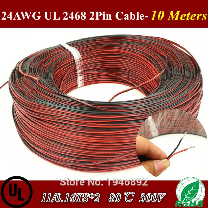 10 метров-Луженая Медь 24AWG, 2-контактный красный черный кабель, 80 градусов 300 В ПВХ изолированный провод, электрический кабель, светодиодный кабель 11/0. 16TS* 2