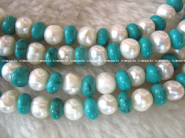

Hot sale wholesale 5-6mm round freshwater pearl and 4*6mm turquoise necklace 45" a
