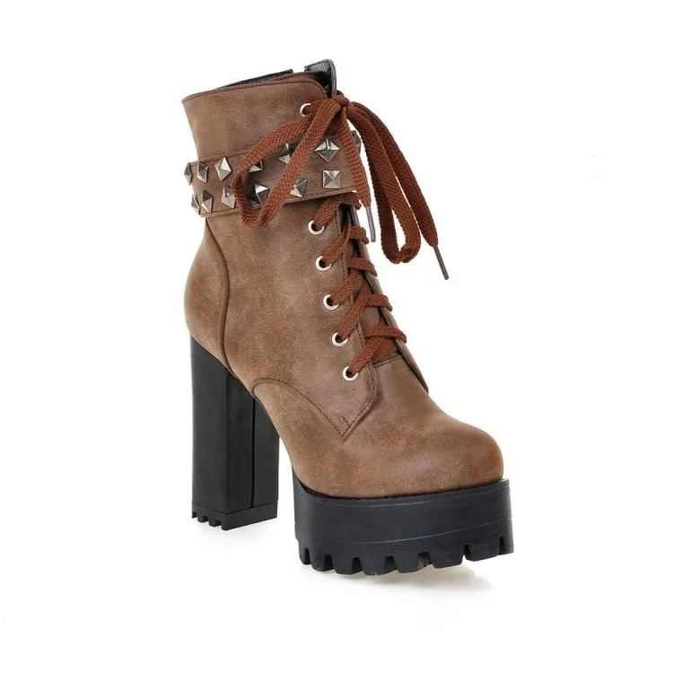 

Efbaba Lace-up High Heel Platform Ankle Boots Round Toe Women Winter Boots Warm Rivet Snow Boots Waterproof Shoes Fashion Woman
