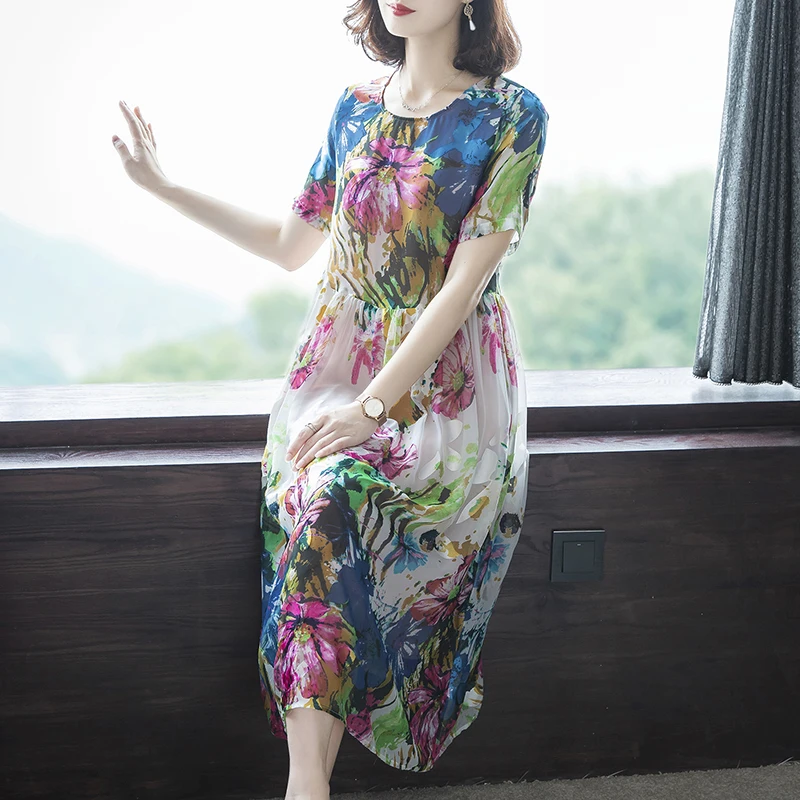 

Imitate Real Silk Dresses Plus Size Loose Women Print A-Line Dress New Pattern Short Sleeves Dress Lady Casual Costume