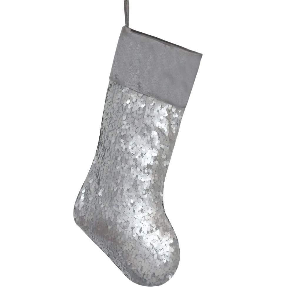 

Free Shipping Sequin Glitter Sparkle Luxury Shiny Silvery Christmas Stocking with Velvet Cuff Socks P4682