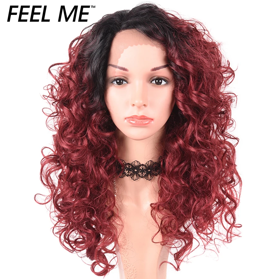 FEEL ME Lace Wig Curly Black Roots Ombre Burgundy Wig Side Part Lace