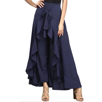 

Women Pants Lotus Ruffle Irregular Skirt Trousers Bow Wide Leg Pants High Waist Lace Up Loose 2018 Summer Pants