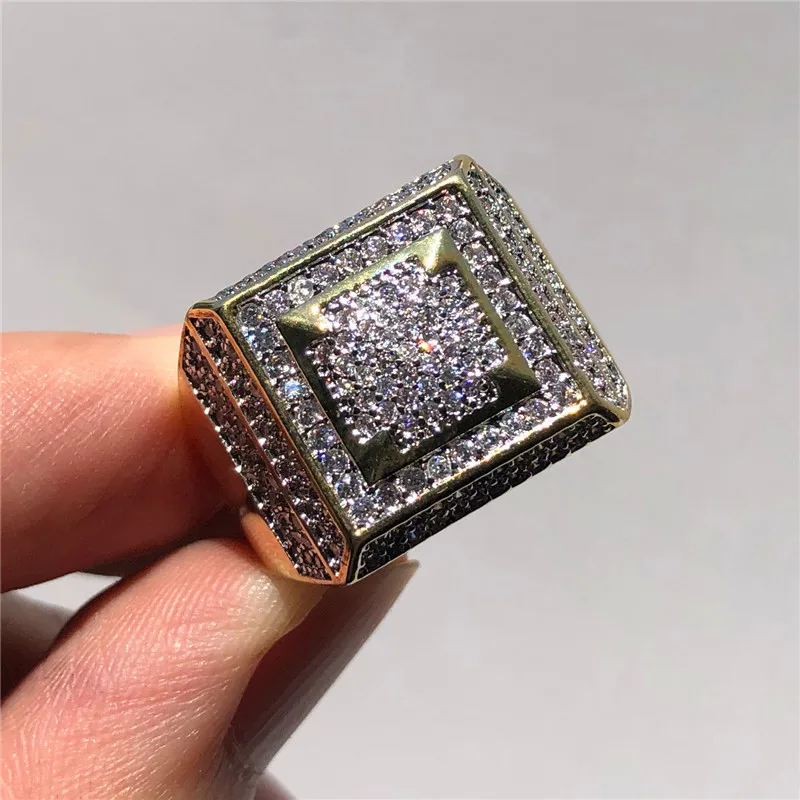 

Fashion Yellow Gold Color Hip Hop Ring Luxury Square Small White Zircon Ring Classic Male Promise Wedding Party Ring