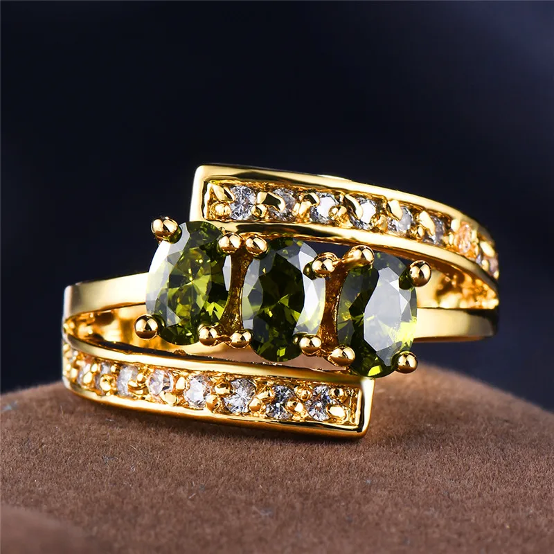 Luxury Female Olive Green Stone Cross Ring Simple Yellow Gold Filled Double Layers Ring Cute Engagement Wedding Rings For Women