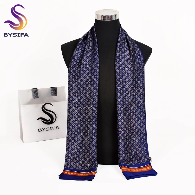 

[BYSIFA] 2018 New Brand Men Scarves Autumn Winter Fashion Male Warm Navy Blue Long Silk Scarf Cravat High Quality Scarf 170*30cm