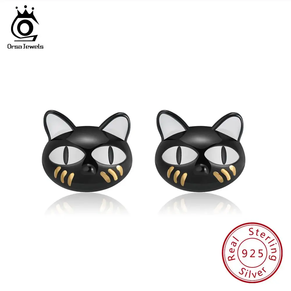 

ORSA JEWELS Genuine Sterling Silver Women Stud Earrings Cute Black Cat Enamel High Polished Factory Price Silver Jewelry SE89