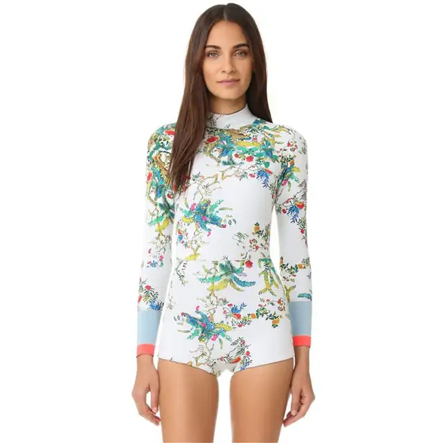 Long Sleeve Rash Guard Women Floral Print Swimwear High Neck One Piece