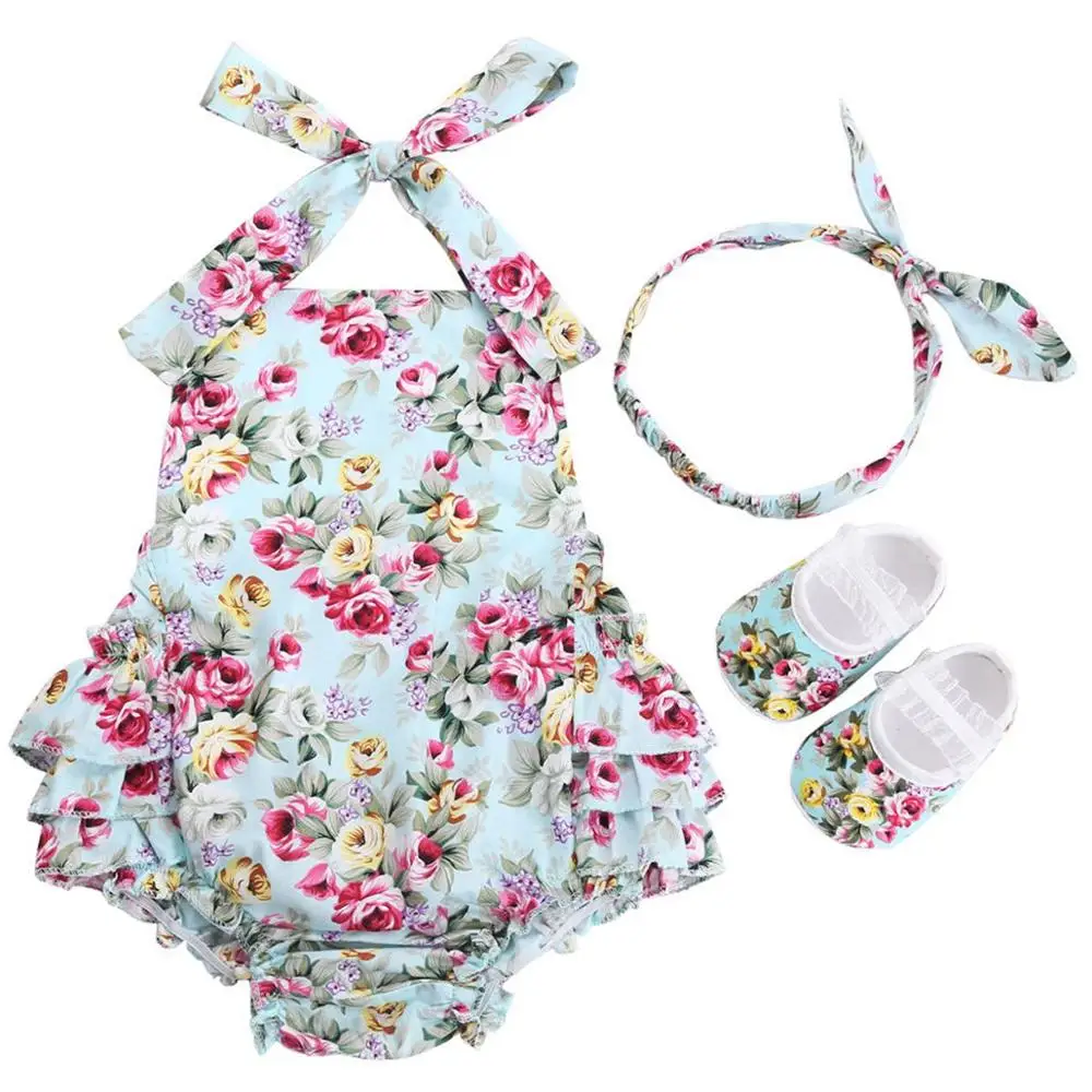 Комплект летней одежды для новорожденных девочек с цветочным рисунком; хлопковая одежда для новорожденных; Комбинезон для маленьких девочек; повязка на голову; комплект из 3 предметов - Цвет: 8E3005