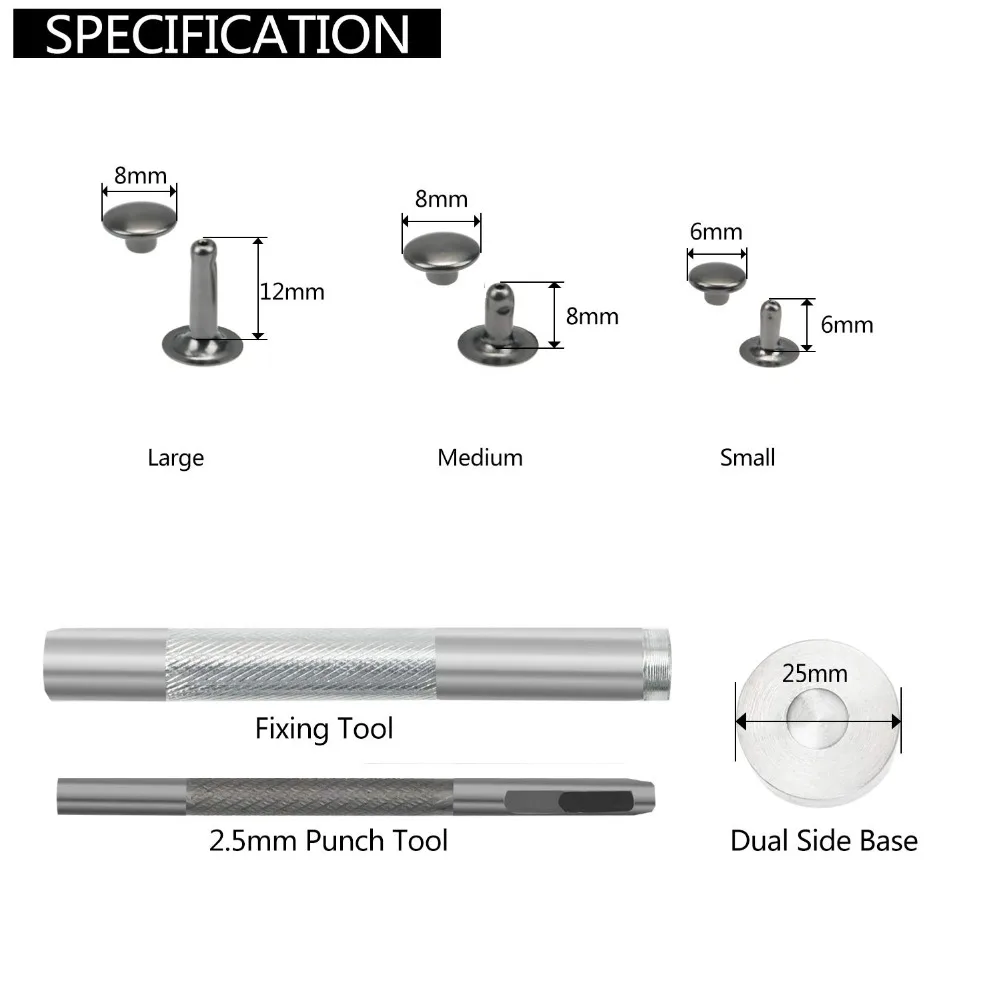 180 наборы, одинарные кожаные заклепки, односторонние заклёпки, Металлические Трубчатые шпильки в стиле панк, декоративные заклепки с установленными инструментами, набор